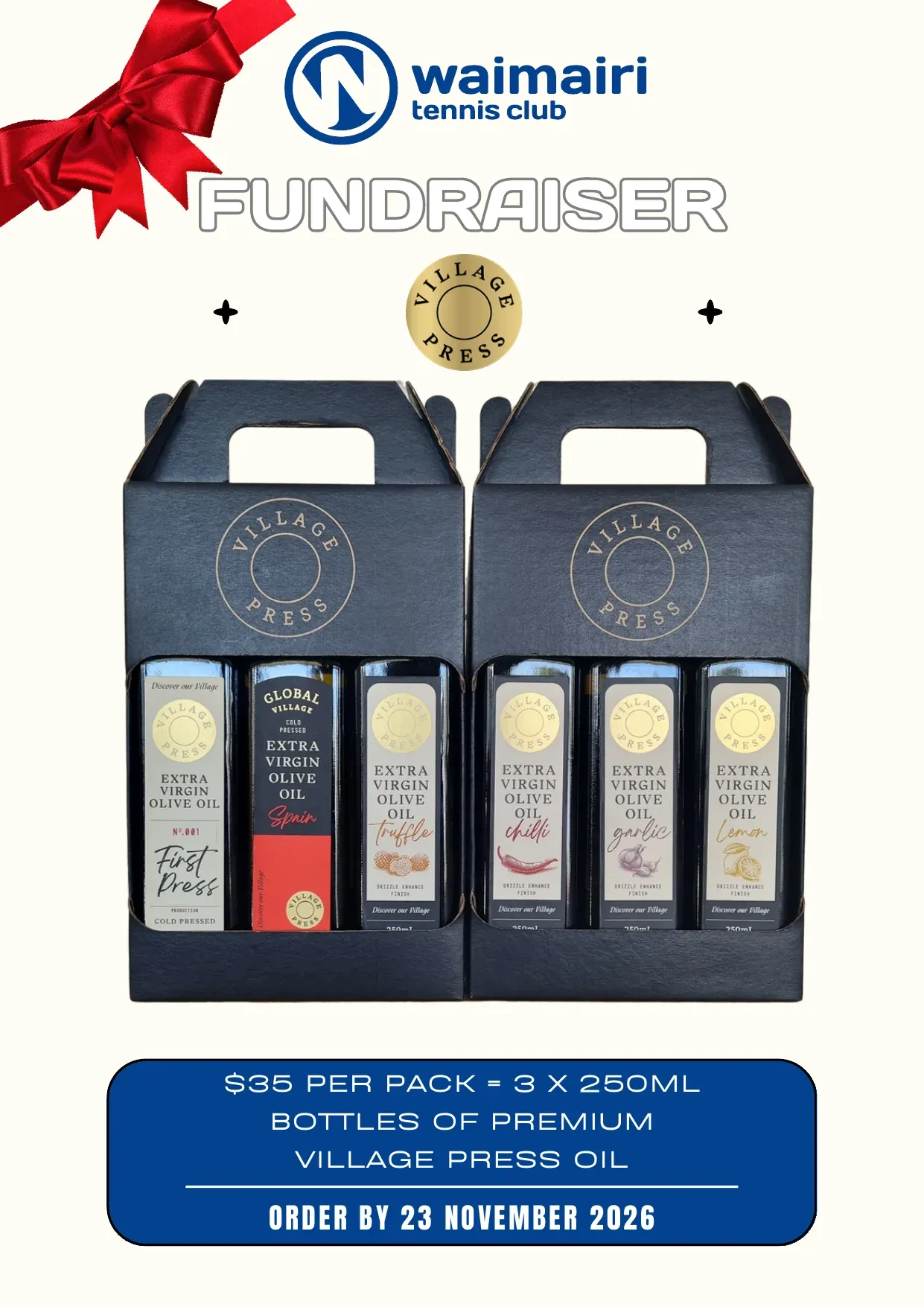 Olive oil fundraiser poster, two Village Press gift packs, $35 per pack, order by 23 November 2026