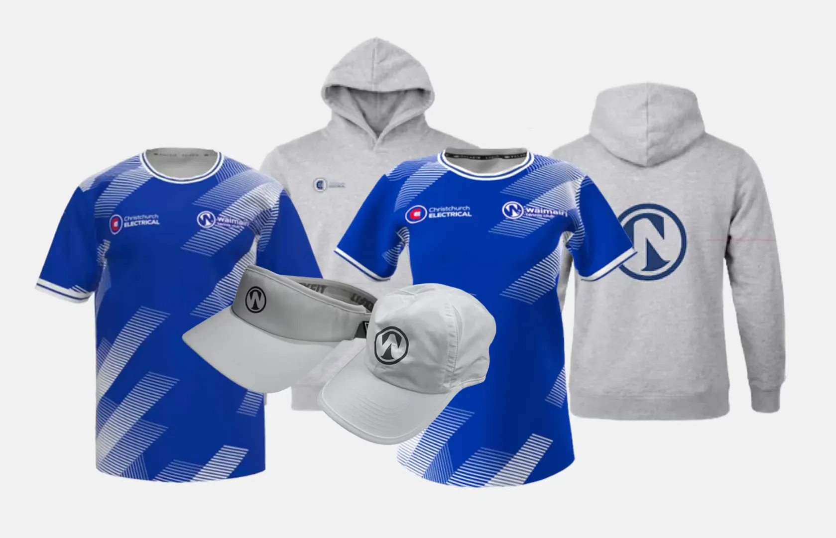 Waimairi Tennis Club senior uniform - grey hoodie, blue playing tees, visor and cap