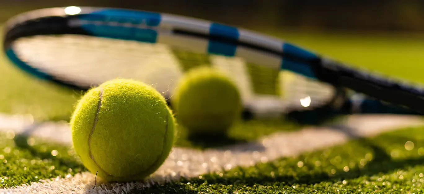 Tennis balls and a racquet on a grass court